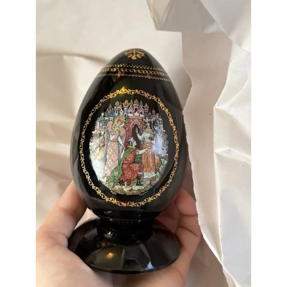 Two RUSSIAN Ruslan Ludmila BLACK PORCELAIN EGG Palekh Fairy Tale Story 4”